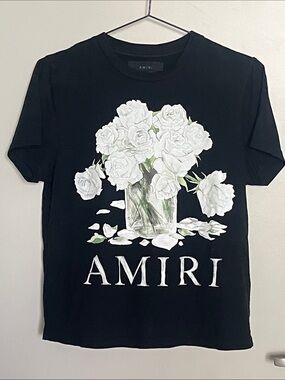AMIRI Woman’s Black Tee with White Rose Bouquet Logo AMIRI Graphic Sz S